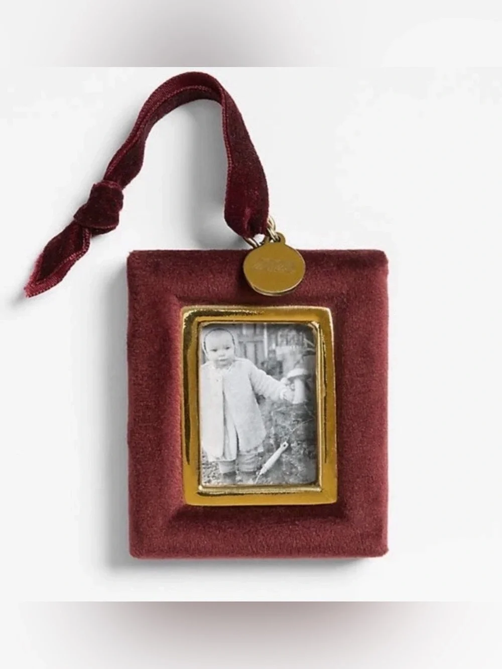 Crate and Barrel Burgundy Velvet Christmas Ornament Photo Frame